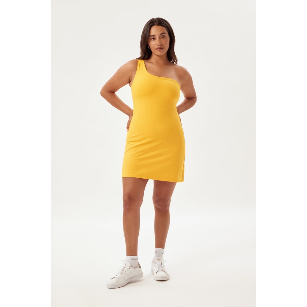 Girlfriend Collective Bianca One-Shoulder Dress Built-in Shorts Small -‎ Yellow